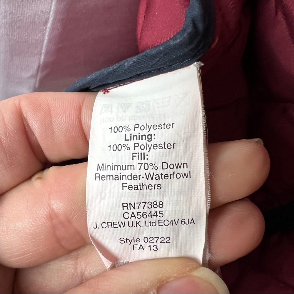 J.Crew Quilted Down-Filled Jacket Burgundy Corduroy Collar Women’s Size XS - Picture 11 of 13